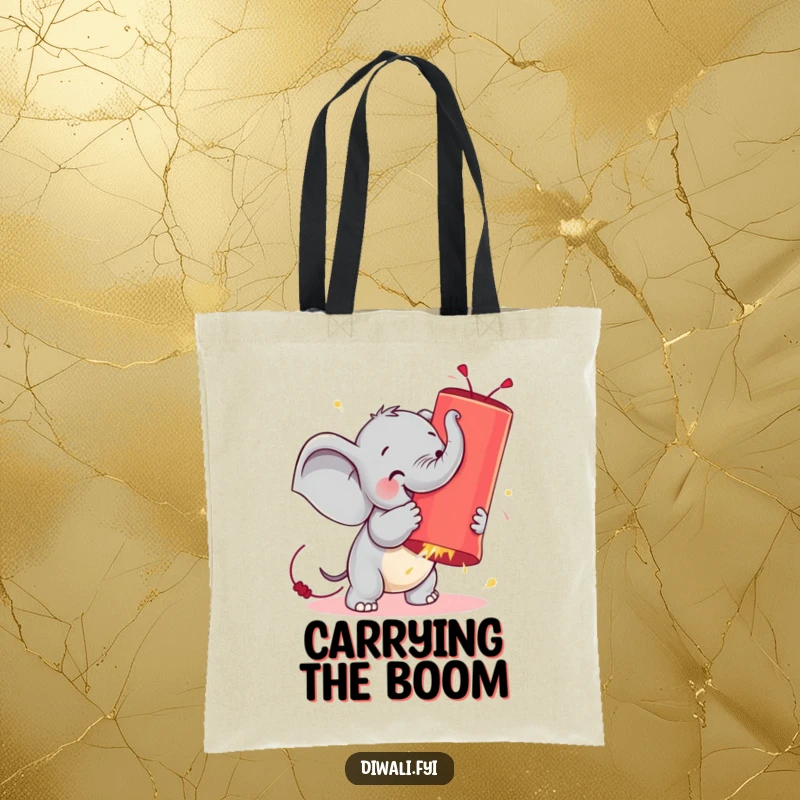Funny tote bag featuring a tiny elephant heroically tackling a massive, glowing firecracker with determined glee.