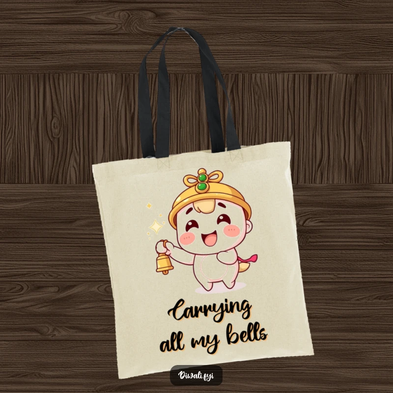 Funny tote bag depicting a cheerful character triumphantly ringing a small bell, with bright sparks scattered around the design.