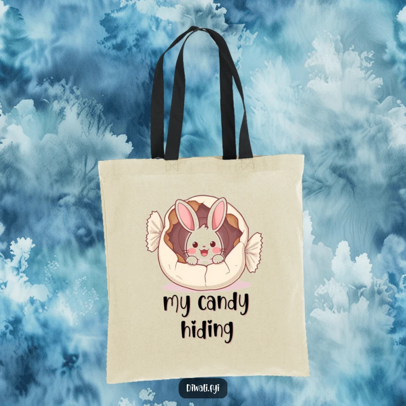 Funny tote bag illustrating a startled bunny peeking out from a gigantic, torn sweet wrapper, capturing a moment of surprise.