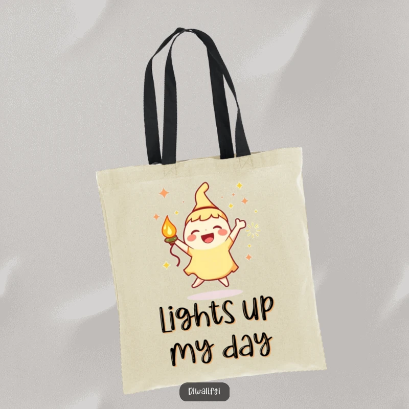 Funny Tote Bag: Joyous character with a lamp and sparks, dancing happily, perfect for carrying essentials.