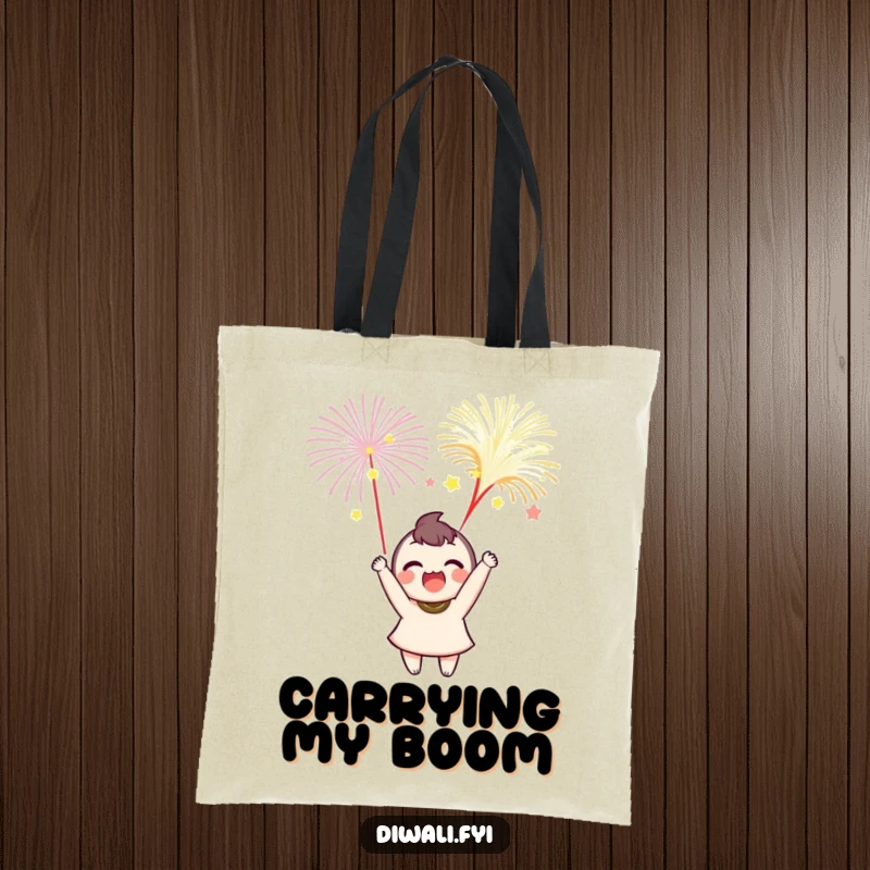 Funny tote bag showing a delighted character launching vibrant, colorful fireworks, ideal for carrying celebratory essentials.