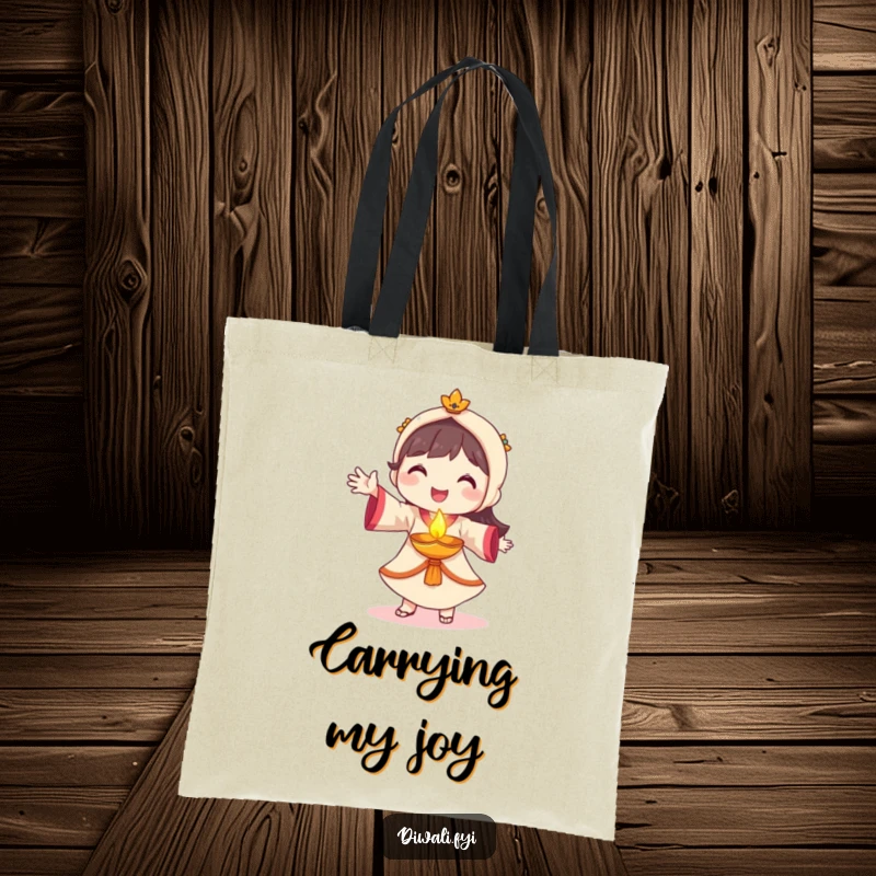 Funny diya dancer tote bag, smiling character dancing with glowing diya, festive accessory, practical celebration gift.