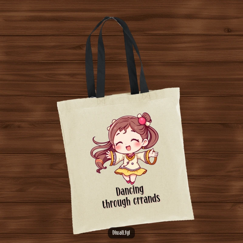 Funny tote bag showcasing a character in a dynamic twirl, decorated with an array of colorful and festive bangles.