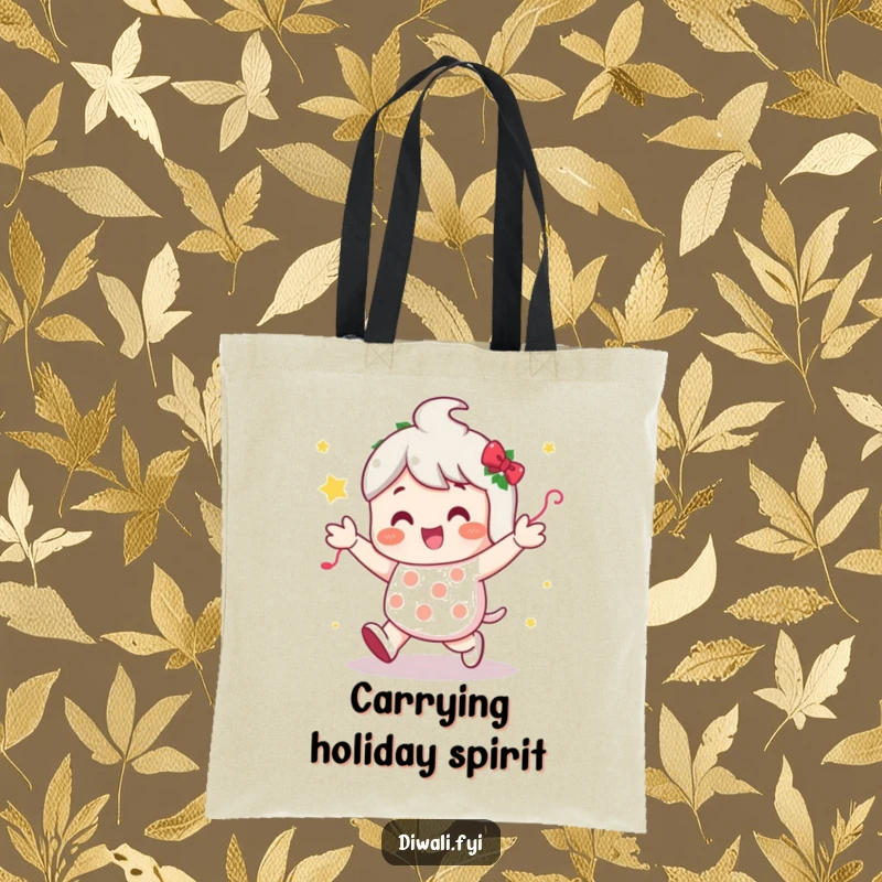 Funny tote bag depicting a character joyfully shuffling amidst festive decorations, ready for any celebration or event.