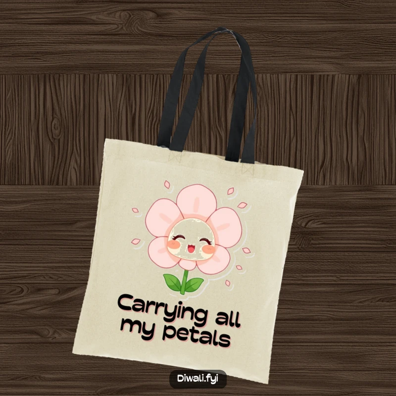 Funny tote bag featuring a blushing flower character joyfully showering petals, a practical and beautiful accessory for everyday use.