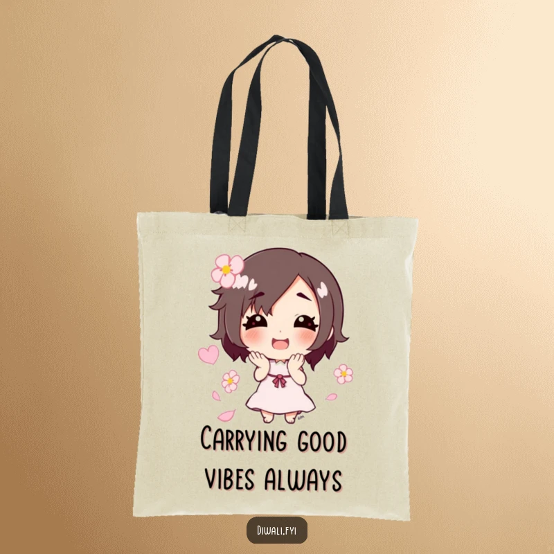 Funny tote bag showcasing a smiling character in the act of tossing a generous handful of pretty flower petals, exuding cheer.