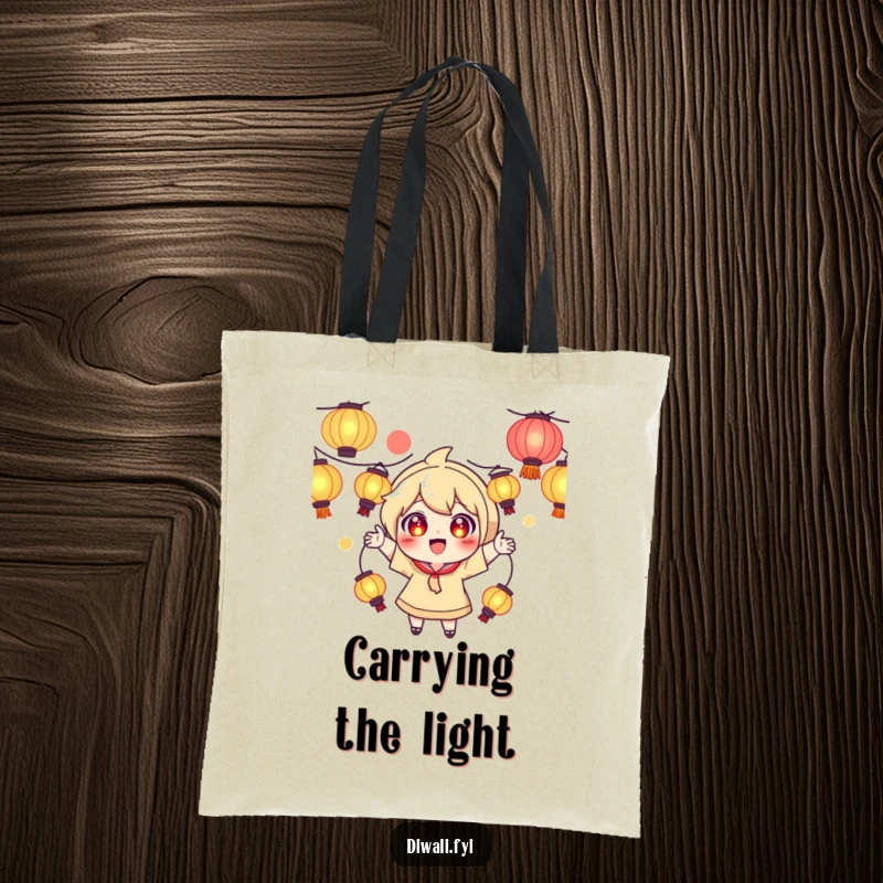 Funny tote bag with a playful character juggling glowing lanterns, eyes wide with excitement.
