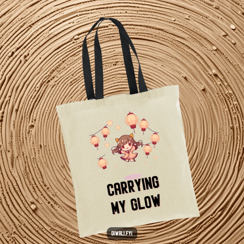 Funny tote bag, character playfully jumping and twirling, amidst floating lanterns, a whimsical and practical accessory.