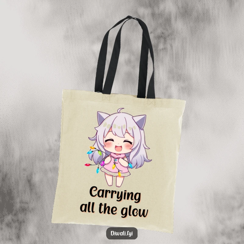 Funny tote bag depicting a character with a joyful smirk, playfully interacting with a string of bright, colorful lights.