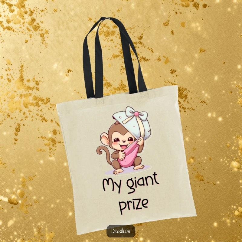 Funny tote bag illustrating a happy monkey excitedly unwrapping a very large, shimmering sweet, capturing pure delight.