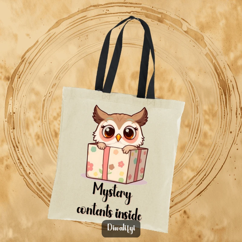 Funny tote bag showcasing a surprised owl peeking out of a decorated gift box, perfect for carrying essentials with a hint of playful mystery.