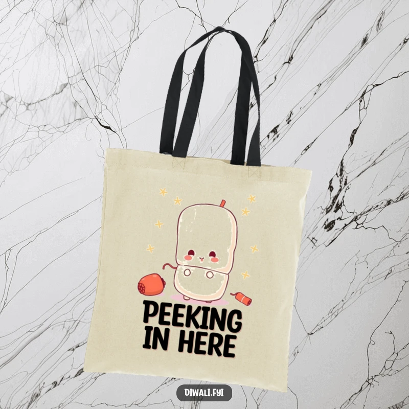 Funny tote bag with a small, curious firecracker character peeking out from behind a larger one, adding intrigue.