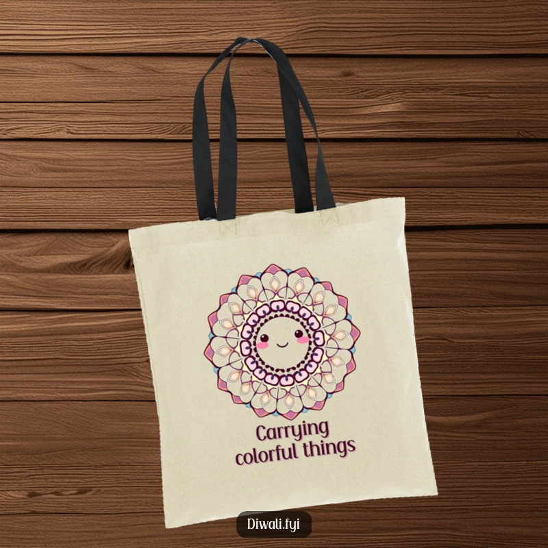 A smiling, spinning rangoli pattern in bright, festive colors, humorously depicted on a practical tote bag.