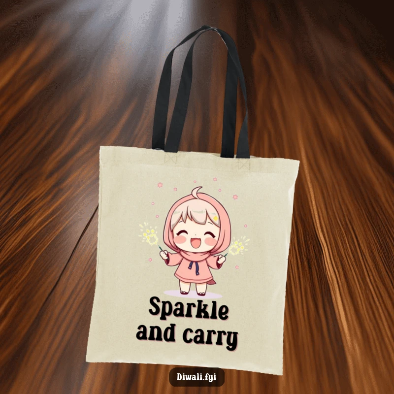 Funny tote bag design showing a character happily holding sparklers, radiating positive energy and a festive, celebratory vibe.