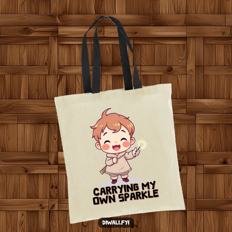 Funny tote bag featuring a delighted child character holding a sparkler torch, a practical and charming accessory for carrying everyday magic.