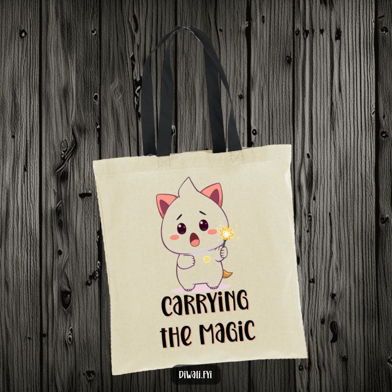 Funny tote bag with a surprised character holding a small, glowing sparkler, perfect for carrying humorous essentials.