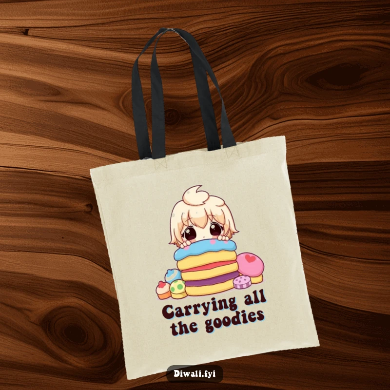 Funny tote bag showcasing a surprised character peeking from a vibrant stack of assorted candies, ideal for carrying essentials with humor.
