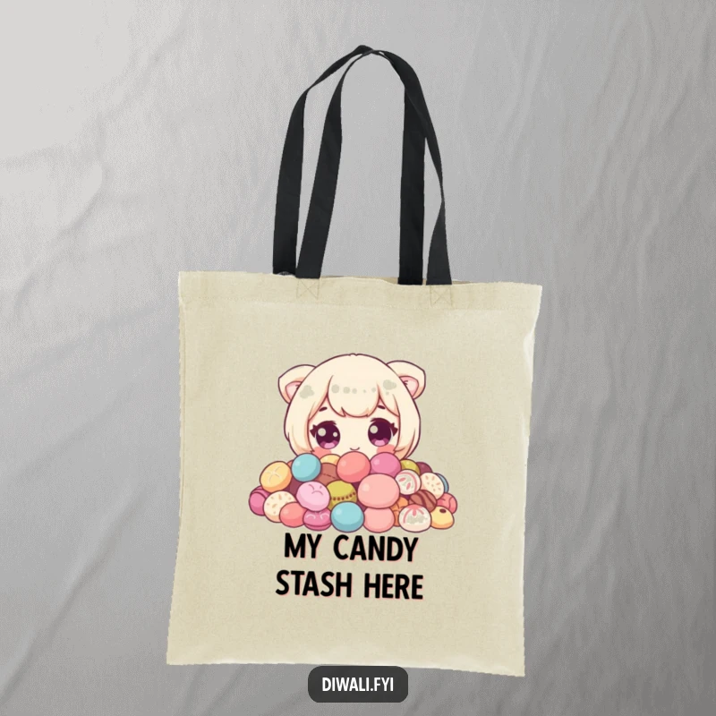 Funny Sweet Peeker Tote Bag: Tote bag with a cute character with wide eyes peeking from sweets. Perfect funny gift.
