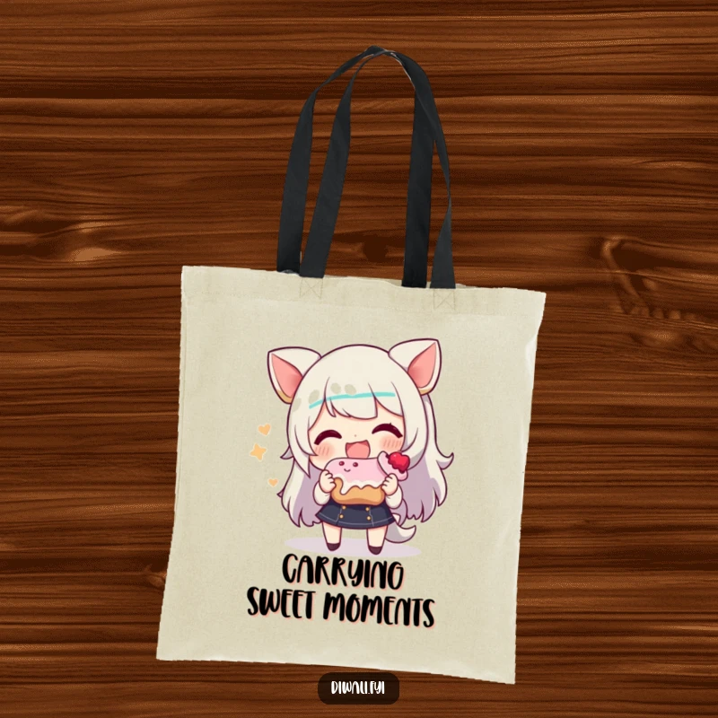 Funny tote bag with a character beaming with joy while offering a delectable sweet treat, promoting kindness and happiness.