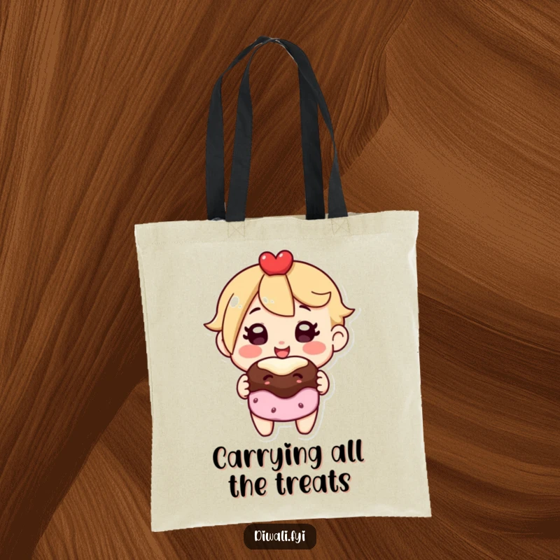 Funny tote bag with a happy character offering a sweet treat, showcasing vibrant colors and a joyful, inviting design.