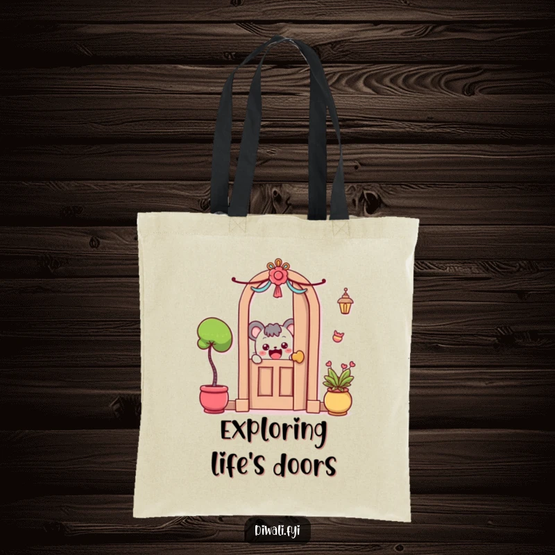 Funny Tote Bag: A curious character peeks excitedly around a decorated door, ideal for carrying treasures.