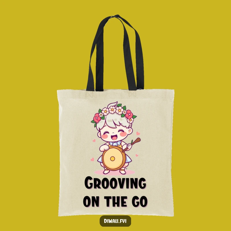Funny Music Tote Bag: Drummer Character With Garland, Hilarious Gift