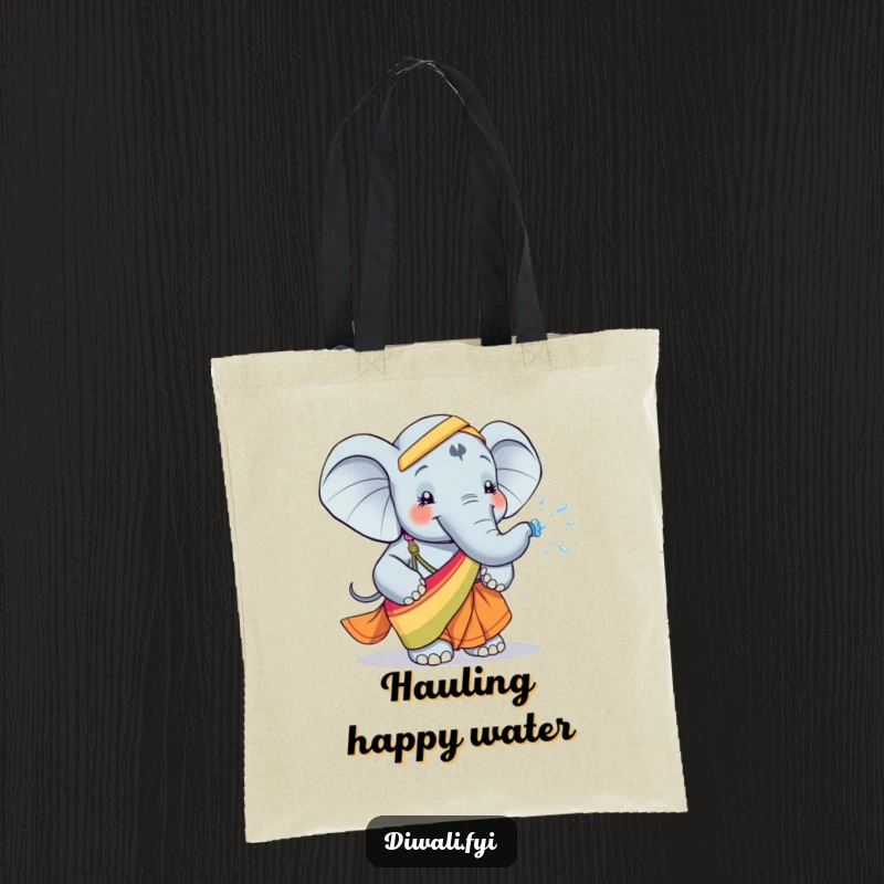 Funny tote bag showcasing a happy elephant in a colorful sari, playfully spraying water, perfect for carrying essentials with a splash of fun.